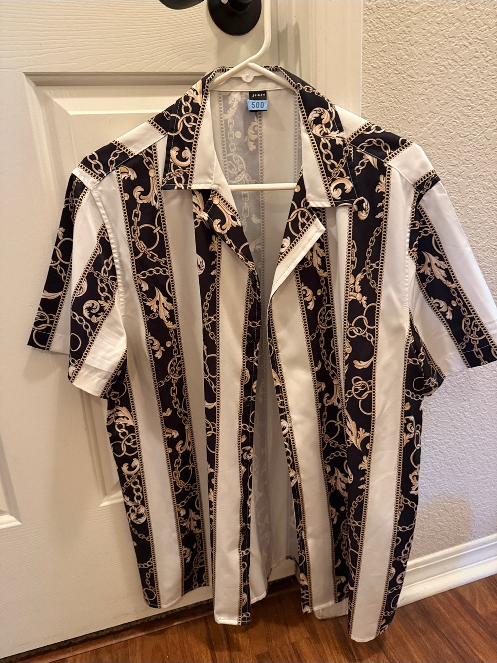 SHEIN Black and White Striped Button-Down Shirt with Chain Print